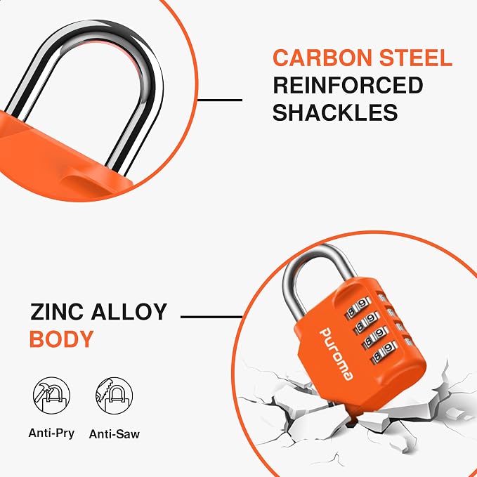 Puroma 1 Pack Combination Lock Locker 4 Digits Combo Padlock Gym Orange | For School Gate Fence Toolbox Hasp Storage, Outdoor, Resettable, Weatherproof, Side Window, Crack Cut Resist, Hardened Steel - Image 5