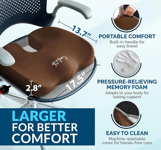 ComfiLife Doctor Recommended Seat Cushion - Premium Gel & Memory Foam Office Chair, Car Seat, Lifting Cushion - Chair Cushions for Back & Sciatica Relief - Seat Cushions for Office & Desk (Brown) - Image 6