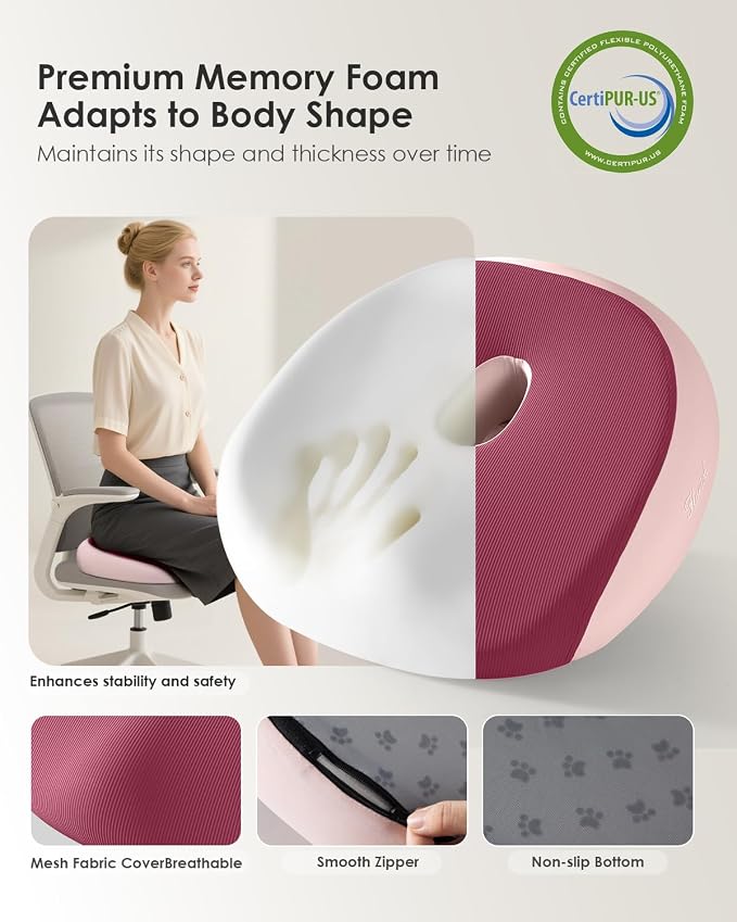 Seat Cushion, Memory Foam Cushion for Office Chair, Ergonomic Office Seat Chair Cushion for Relieving Sciatica, Soft & Breathable Car Seat Cushion - Pink - Image 3