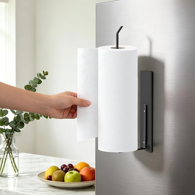 Paper Towel Holder, Magnetic Paper Towel Holder for Fridge, Toilet Paper Roll Holder Magnet Towel Rack Wall Mount Fridge Organizer for Paper Towels Rolls Bathroom Pantry RV Kitchen Storage - Image 2
