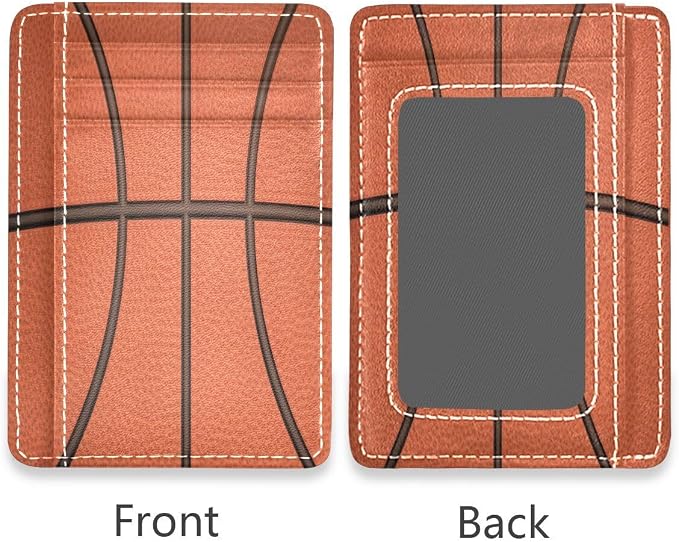 Front Pocket Minimalist Leather Slim Wallet Credit Card Holder Basketball for Men & Women - Image 2
