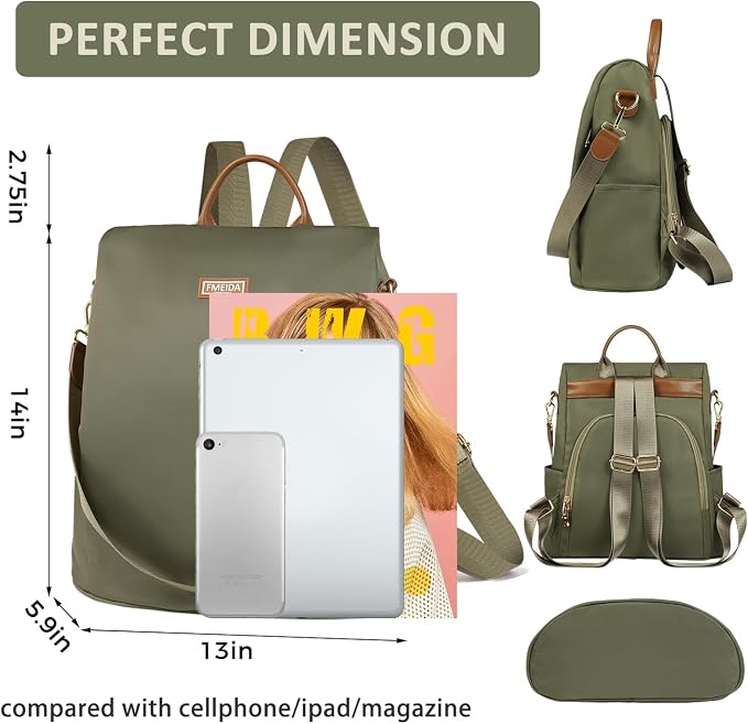 Convertible Backpack Purse for Women Anti Theft Nylon Backpack Green | Hidden Back Zipper Opening, Compact Travel Size,Summer Purse, Daypack for College Work, Fits 13-inch laptop - Image 3