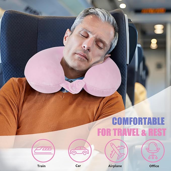 SAIREIDER Travel Neck Pillow 100% Memory Foam, Airplane Rest Prevents Head from Falling Forward, Plane Accessories with Storage Bag, Sleep Mask and Earplugs (Pink) - Image 2