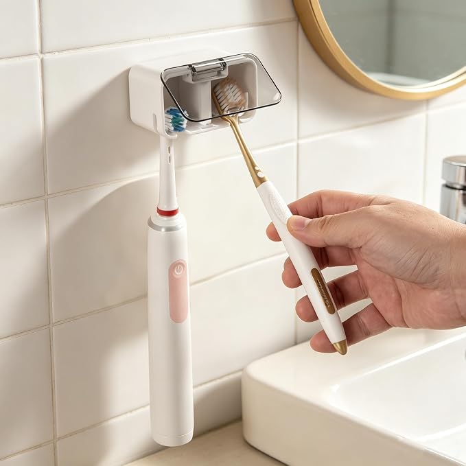 Toothbrush Holder Wall Mounted with Pop-Up Waterproof Cover, 2 Slots & Ventilated, No-Drill Adhesive Bathroom Organizer, Detachable Easy Clean, Fits Most Manual & Electric Toothbrushes (1pc Grey) by TASEVO