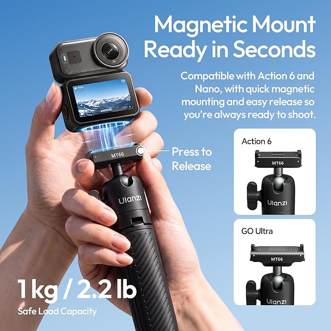 ULANZI MT66 3-in-1 Quick Release Magnetic Tripod for Insta360 GO Ultra | 3-in-1 Tripod Selfie Stick & Backpack Mount | Instant Magnetic Quick Release | 360° Ball Head | Portable 3.8oz Pocket Size - Image 4