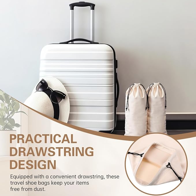 4 Pcs Flannel Cloth Shoe Bags for Travel, 8 x 17 Inches Dust Pouch with Drawstring Closure, Washable Breathable Cotton Fabric for Luggage(Beige) - Image 6