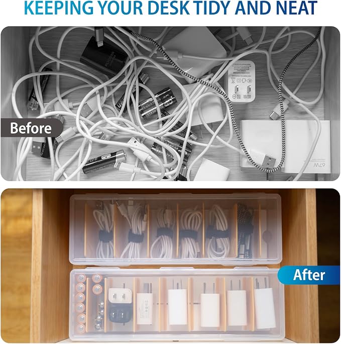 2 Pack Cable Organizer Storage Box with 16 Cable Ties, Clear Phone Charger Organizer Case Wire Organizers for Cords Electronic Storage Box for Drawer Desk Office Home - Image 5