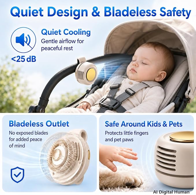 Portable Silent Mini Bladeless Fan Clip On, 360° Rotatable Clip on Fan | for Shirt & Waist with 3 Speeds & Long Battery Life, Safe for baby & Pets, For Outdoor & Travel & Office, Travel - Image 3