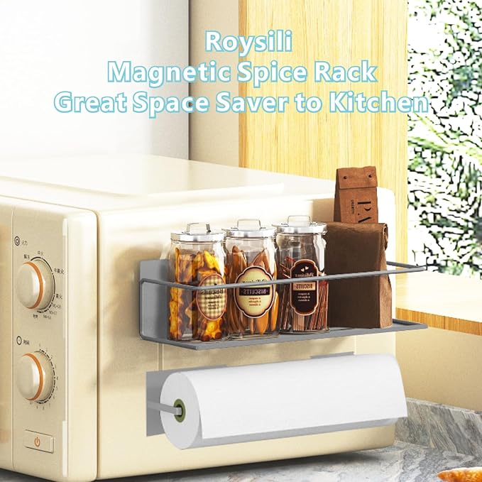 Magnetic Spice Rack For Refrigerator, Space Saving Magnetic Shelf For Fridge Grey 2 Pack With Magnetic Paper Towel Holder - Image 4