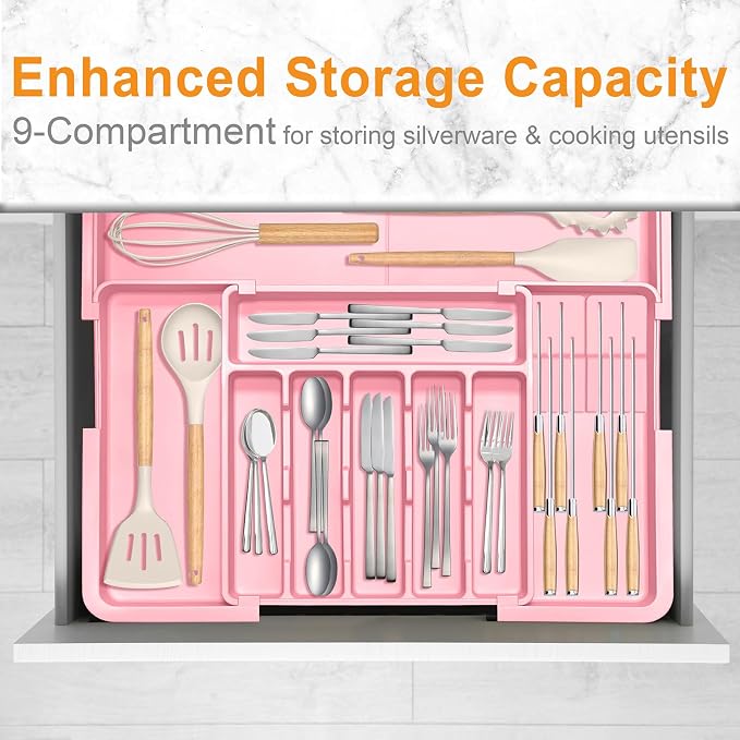 Homecor Silverware Organizer - Expandable Large Kitchen Drawer Organizer Utensil Organizer with 2 Knife Block Inserts, 22"x 19"Cutlery Tray with Drawer Dividers for Kitchen Flatware (Pink) - Image 7