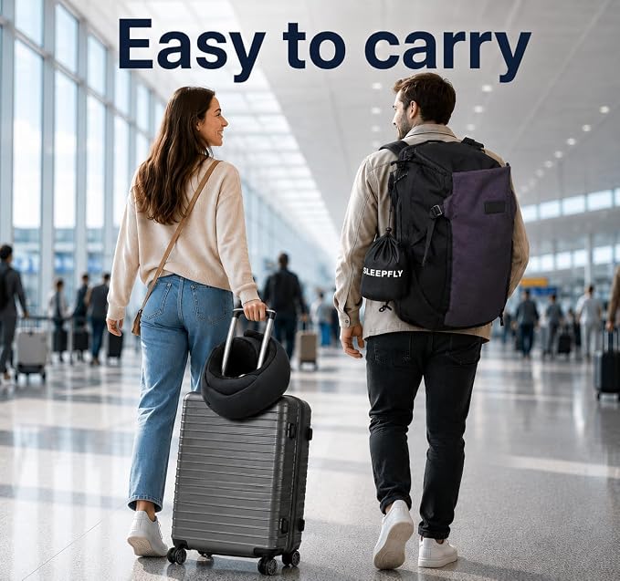 sleepfly Travel Neck Pillow with Hood – Travel Essentials Kit : Neck Pillow, Eye Mask & Silicone Earplugs – Ergonomic Memory Foam Neck Support for Airplane, Car and Train - Image 9