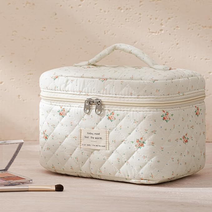HBselect Quilted Makeup Bag, 3Pcs Cotton Large Travel Makeup Bags Organizer | Cute Floral Make up Bag Cosmetic Bag Toiletry Bag for Women Girls, Makeup Pouch for Skincare, Brushes & Travel Essentials - Image 6