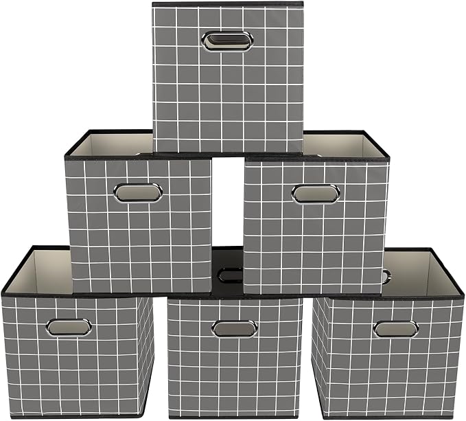 Yunkeeeper storage bins Cubes, Fabric Cube Organizer with Handle, Foldable Cube Bins for Cloth or Accessary Storage, 11x11x11, Set of 6, (Grey grid) by Yunkeeper