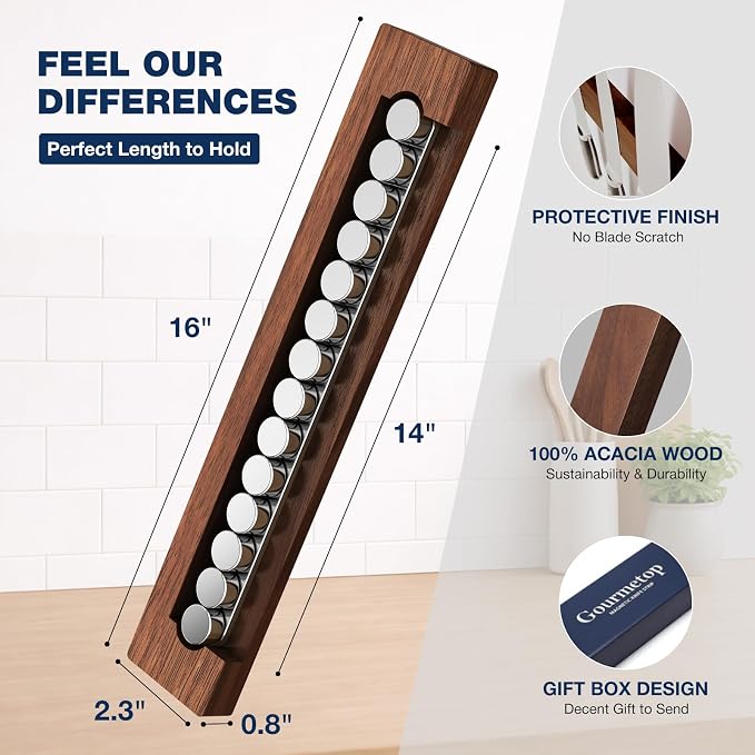 Knife Magnetic Strip 16”, Acacia Wood Knife Holder for Wall Moun | No Drill for Fridge, Dual-Row Magnet Hold 9 Knives & Heavy Cleaver, 3M Tape & Screw Mount, Kitchen Knife & Utensil Organizer - Image 3