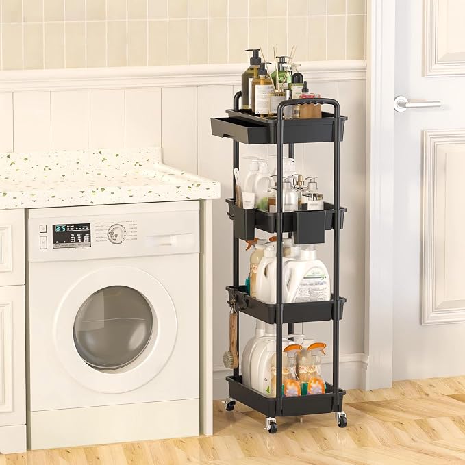 4 Tier Rolling Utility Cart with Drawer, Plastic Storage Organizer Rolling Carts with Wheels Handles Hanging Cups Hooks for Office, Bathroom, Kitchen,Craft Art Room (Black) - Image 6