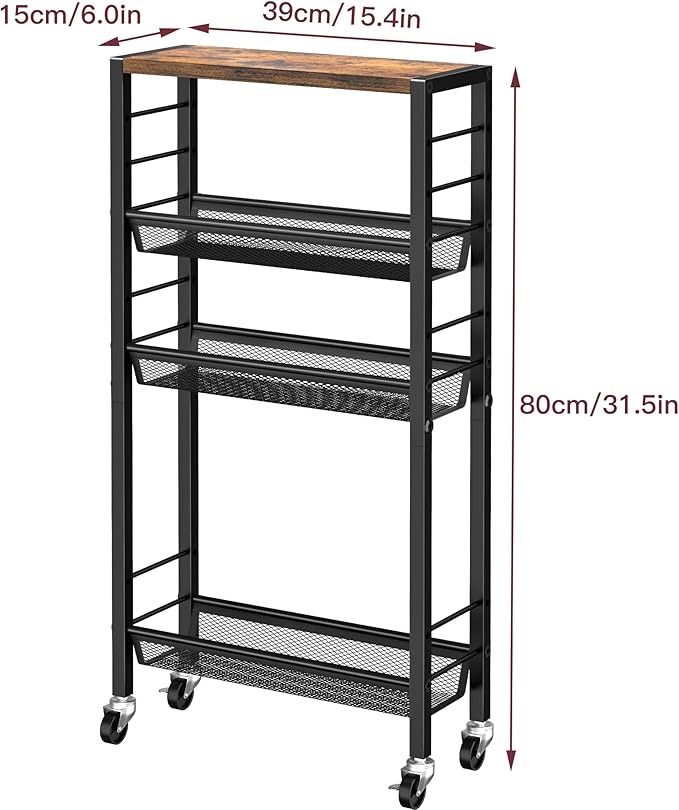 Slim Rolling Cart, 4-Tier Narrow Kitchen Storage Cart, Slim Utility Cart on Wheel, Skinny Bathroom storage cart with Wood Tabletop, 6.0" Deep, For Kitchen, Dining Room, Living Room, Laundry Room - Image 7