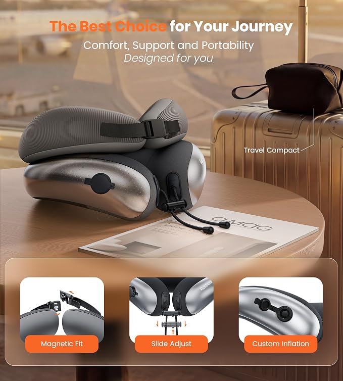 Neck Pillow for Traveling, Travel Pillows for Airplanes, Adjustable Neck Pillow Airplane Travel Essentials - 2 Layer Patented | Inflatable Air Loop & Memory Foam for 360° Ergonomic Support - Image 8