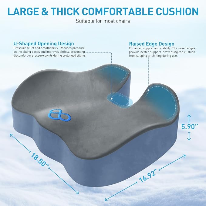 BlissTrends Extra Thick Seat Cushion for Office Chair & Car Seat, Grey&Blue | Tailbone & Sciatica Relief, Ergonomic Support, High-Density Memory Foam, Comfort for Extended Sitting - Image 2