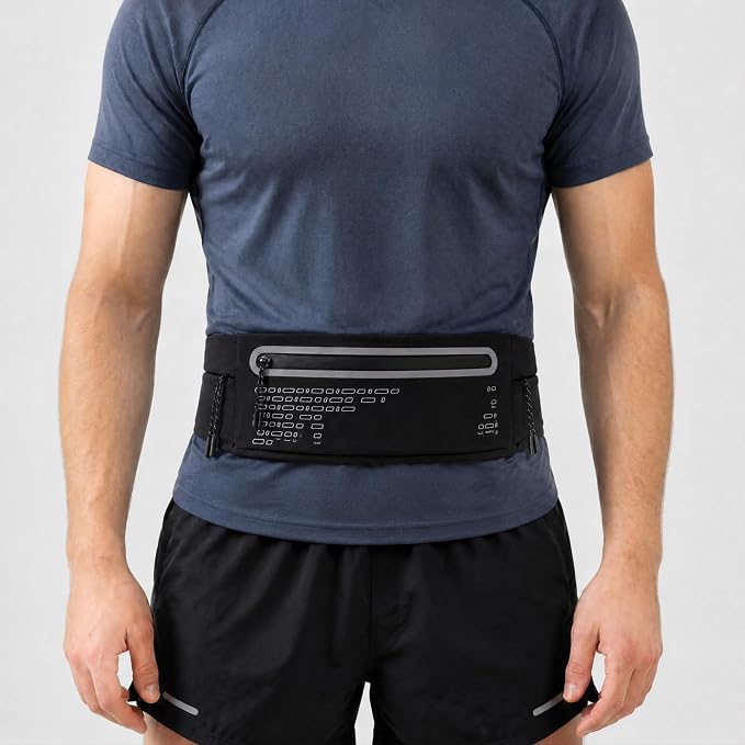 Running Belt Fanny Pack Men Women, Slim No-Bounce Waterproof Phone Holder | Adjustable Elastic Strap Fits 27-43" Hips, Detachable Race Bib Clips, Energy Gel & Sunglasses Loops, 3 IPX4 Pockets - Image 3