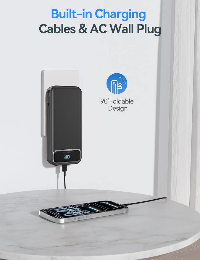 aonidi Portable Charger 20000mAh with Built-in Cables&AC Wall Plug, Black | PD20W Fast Charging,Travel Essential,TSA Approved,LED Display,All in One USB C Power Bank for All Cell Phones Devices - Image 4