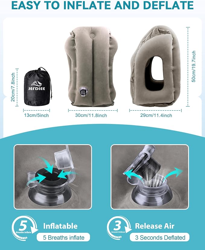 Inflatable Travel Pillow, Airplane Neck Pillow Comfortably Supports Head and Chin for Airplanes, Trains, Cars Office Napping on The Tray Table (Grey) - Image 6