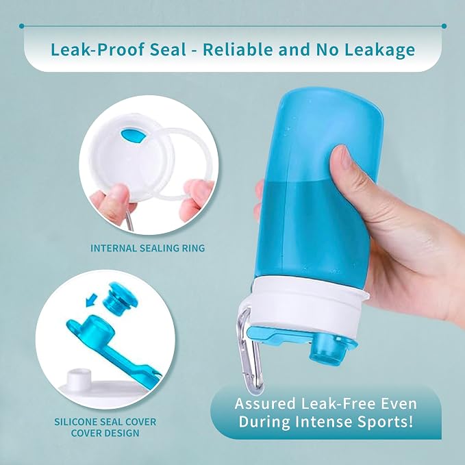Collapsible Water Bottles 19oz with Spout & Carabiner, Odorless BPA-Free Silicone, Leak-Proof Foldable Reusable Bottle - Perfect for Travel Sports Gym Hiking Camping Cycling - Clear Blue - Image 4
