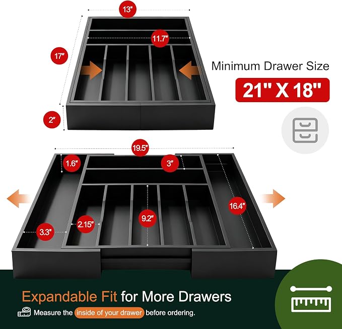Large Premium Bamboo Silverware Organizer - Expandable Drawer Organizer & Utensil Organizer - 17"x19.7" Cutlery Tray with Dividers for Kitchen Utensils and Flatware (7-9 Slots) (Black) - Image 2