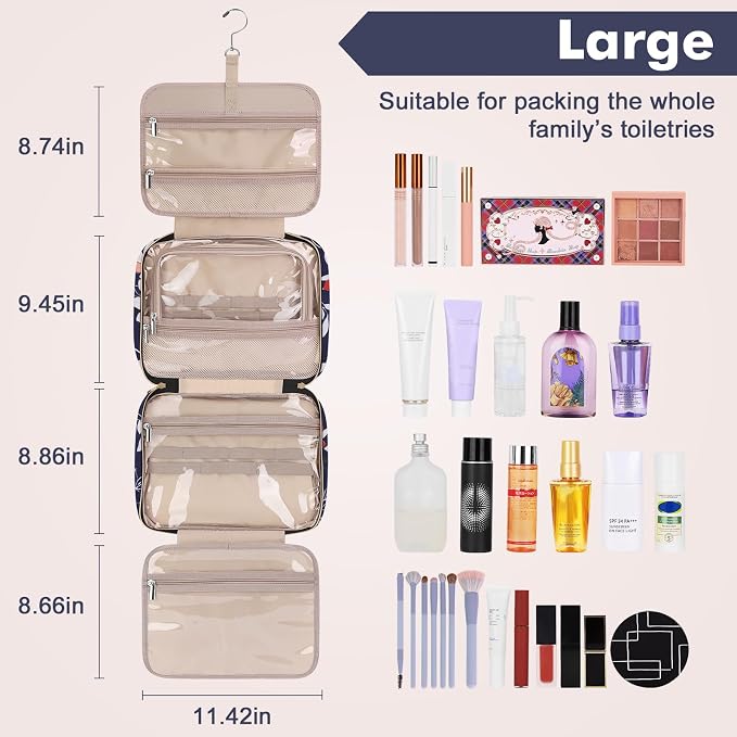Toiletry Bag for Women, Large Cosmetic Travel Bag, Hanging Toiletry Bag for Bathroom, PVC Waterproof Makeup Bag, Toiletries Bag for Travel Business Trips and Camping, Blue+White Floral - Image 2