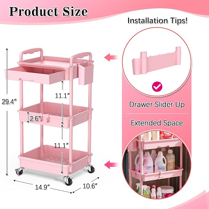 SUNALLY 3 Tier Rolling Cart with Drawer, Craft Storage Cart Organizer, Pink | Bathroom Storage Organizer with 2 Lockable Wheels, Rolling Utility Cart for Kitchen, Office, Baby, Makeup, Nail,Snack,Laundry - Image 2