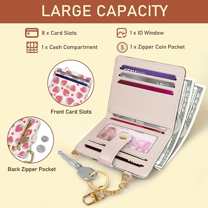 Jogjam Strawberry Rfid Girls Teen Women Wallet, Small Credit Card Holder | PU Leather Bifold Cash Zipper Coin Pocket ID Window, for Female Ladies Teen Girls Girly Gifts - Image 4