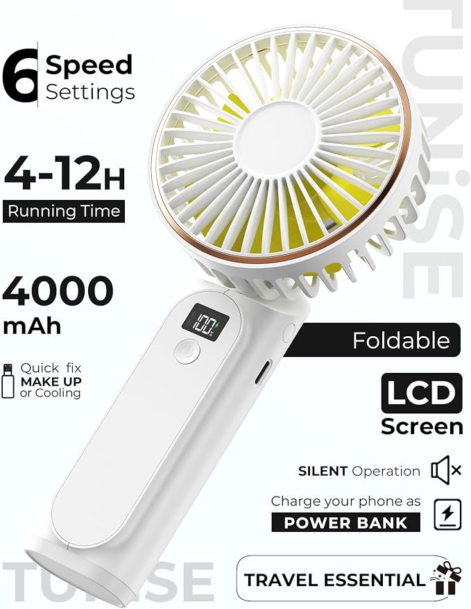 TUNISE Portable Handheld Fan, Portable Fan Rechargeable, 4000mAh, 180° Adjustable, 6 Speed Wind, Display Electricity in Real Time, USB Rechargeable Foldable F an, Quiet Personal Fan with Power Bank - Image 2
