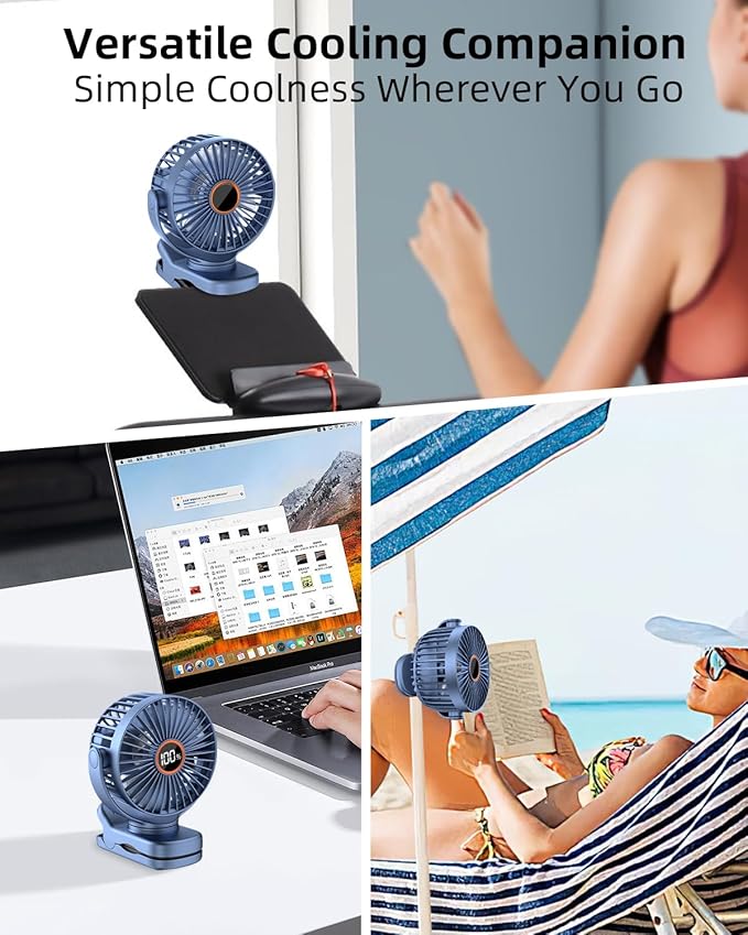 buywoo Portable Mini Personal Fan, Small Rechargeable Battery Powered Stroller Fan for Desk, Strong Clamp Grip, 360° Rotation, 3-Speed, LED Display, Clip On Cooler for Bed, Golf Cart, Office, Blue - Image 6
