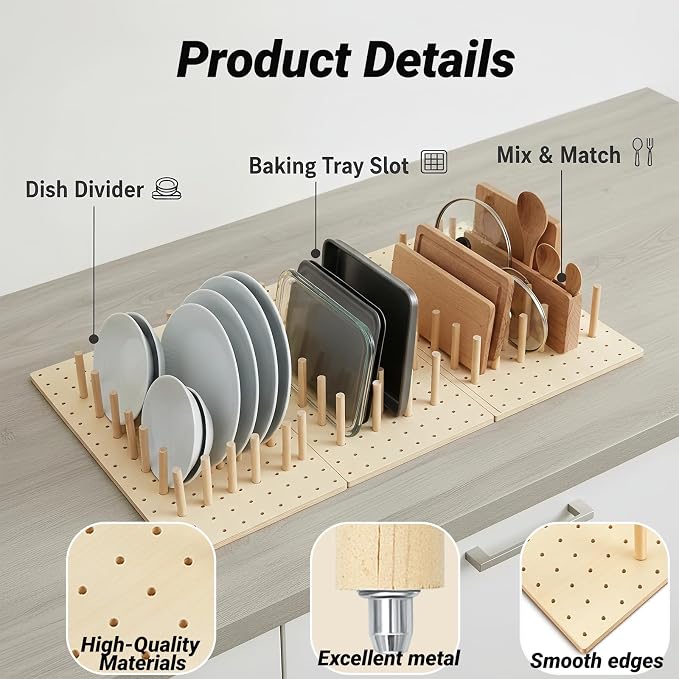 Wooden Pegboard Drawer Organizer for Kitchen - 3 Pack Adjustable Drawer Organizer with 24 Pegs Wooden, Drawer Organizer Kitchen Utensils, Wood Drawer Organizers for Kitchen Countertops & Deep Drawe - Image 6