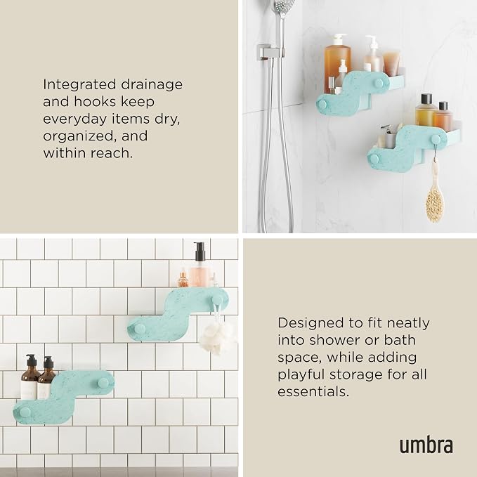 Umbra Nami Shower Caddy, Adhesive No Drill Bathroom, Set of 2, Ocean Blue | Waterproof construction, integrated drainage, rust-free, holds 6 lbs - Image 4