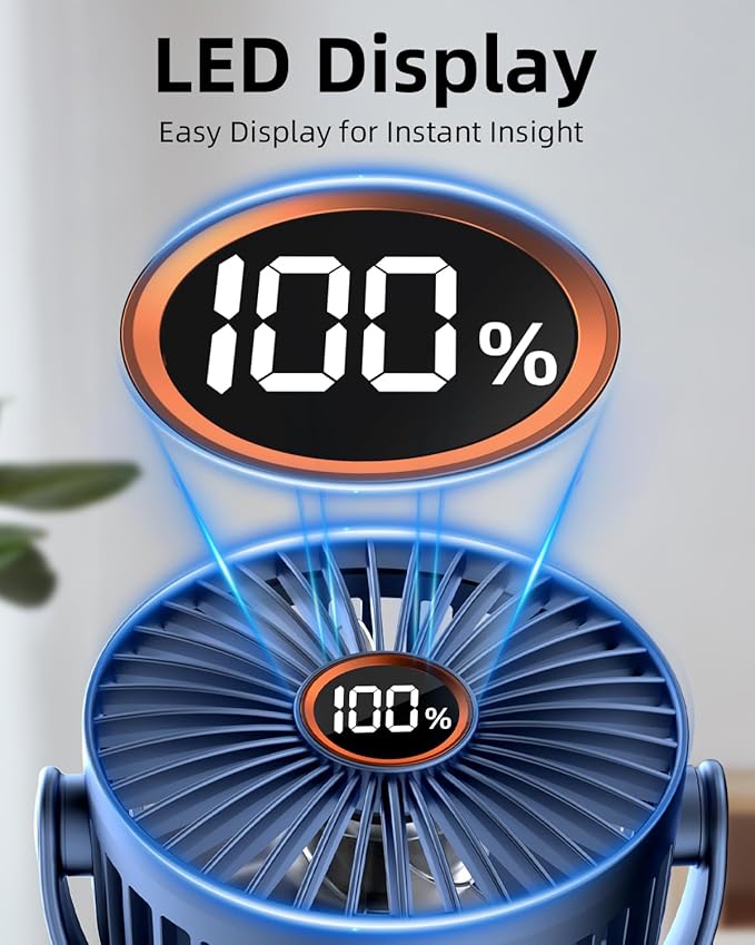 buywoo Portable Mini Personal Fan, Small Rechargeable Battery Powered Stroller Fan for Desk, Strong Clamp Grip, 360° Rotation, 3-Speed, LED Display, Clip On Cooler for Bed, Golf Cart, Office, Blue - Image 3