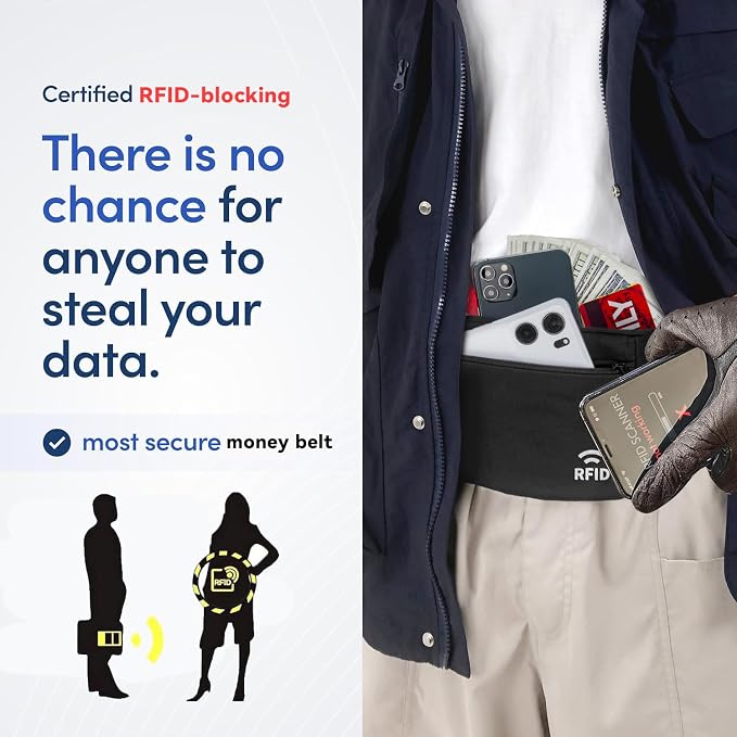 Travel Money Belt for Men and Women hidden slim passport holder - travel wallet with RFID blocking under clothes to protect Cash, Credit Cards and Documents (GRAY) - Image 3
