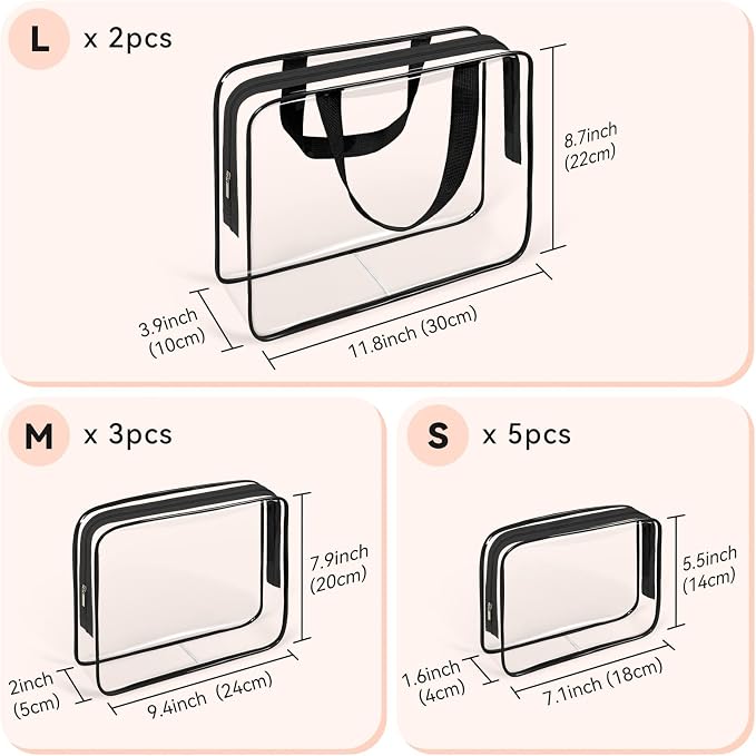 TISRATOK 10 PCS Clear Travel Bags for Toiletries, Clear Makeup Bags （Black） | 3 Size plastic clear bags with zipper handbag, TSA approved cosmetic pouch for travel, swimsuit,toy storage bags - Image 2