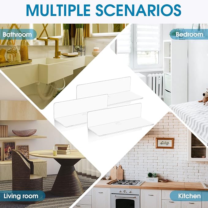 Maitys 8 Pcs White Acrylic Floating Shelves Back to School Supplies 9 Inches Adhesive Wall Mounted Shelves No Drill Hanging Acrylic Wall Display for Living Room Bathroom Bedroom Kitchen Office - Image 7