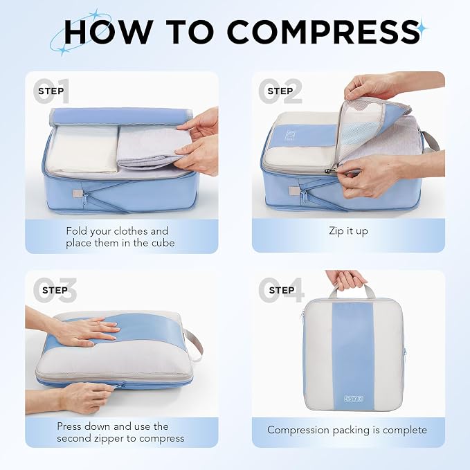 OlarHike 10 Set Compression Packing Cubes for Travel Essentials,Compressible Expandable Space Saver Bags for Organizing Clothes,Luggage Suitcase Garment Bags with Over 1000 pcs Mesh Holes(Light Blue) - Image 3