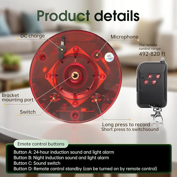 Solar Outdoor Motion Sensor Alarm, 130dB Dog Barking & Gunshot Sound, 13 Sounds, Strobe Light, Support Recording & Volume Control, Keeps Unwanted Animals Away from Yard, Garden, or Farm - Image 8