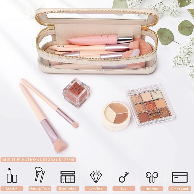 Pinkmik Makeup Brush Case Clear Travel Cosmetic Bag Beige | Slim Design, Zipper Closure, Small Purse Organizer, For Women - Image 5