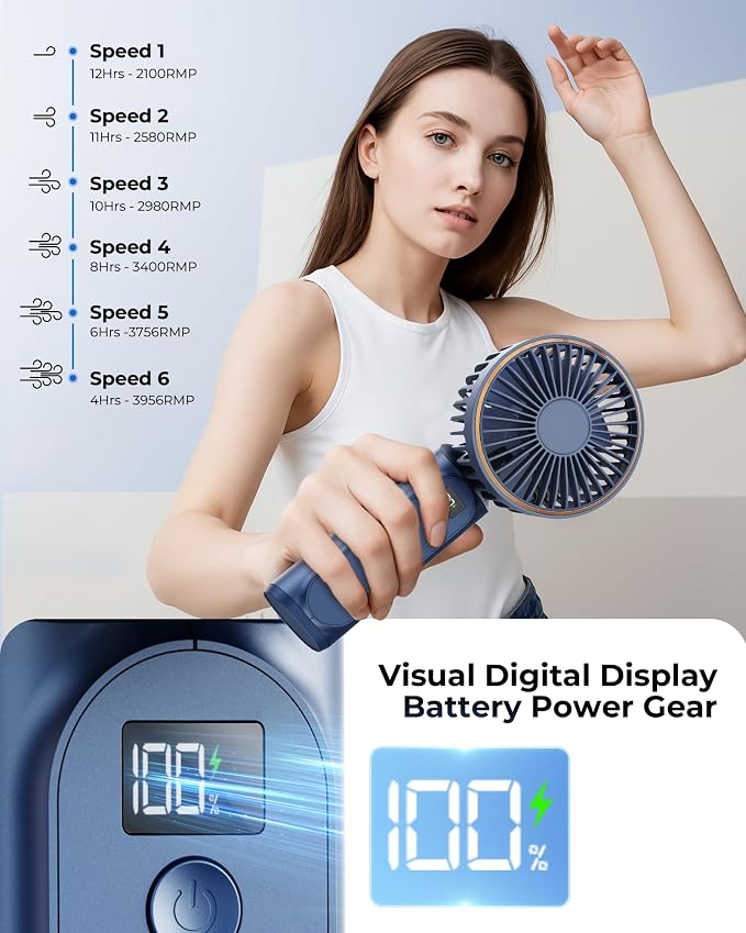 TUNISE Portable Handheld Fan, Portable Fan Rechargeable, 4000mAh, 180° Adjustable, 6 Speed Wind, Display Electricity in Real Time, USB Rechargeable Foldable F an, Quiet Personal Fan with Power Bank - Image 5