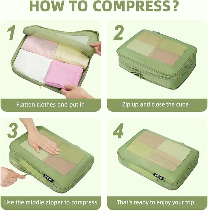 BAGAIL 4 Set/6 Set/8 Set Compression Packing Cubes Travel Accessories Expandable Packing Organizers (Square Mesh, 06-Matcha Green) - Image 4
