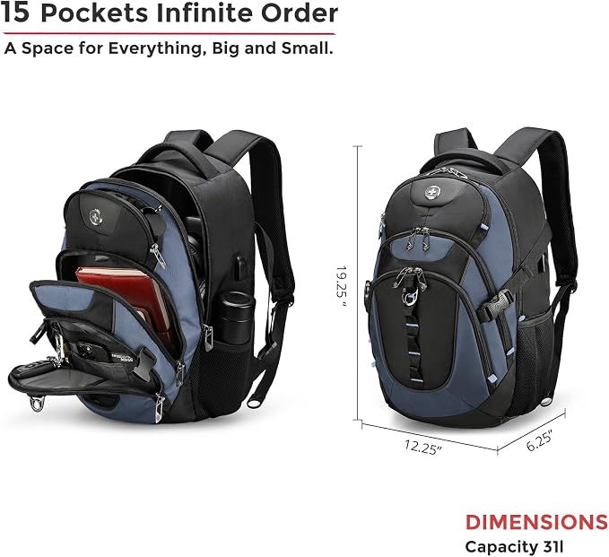 Swissdigital Design Laptop Backpack with USB Charging Port, Travel Backpack Fits 15.6-Inch Computer, 31l College School Backpack for Men, Haze Blue/Black | SD803-16 - Image 5