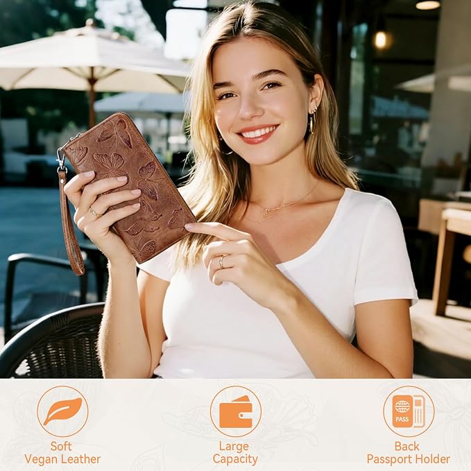BELTANA Womens Wallet RFID Wallet Women with Passport Holder Butterfly Vegan Leather Multi Card Slots Wallets Large Capacity Wristlet Travel Purse for Women (Brown) - Image 2
