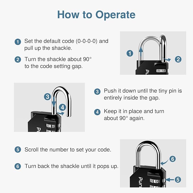 Puroma 1 Pack Combination Lock Locker 4 Digits Combo Padlock Gym Black | For School Gate Fence Toolbox Hasp Storage, Outdoor, Resettable, Weatherproof, Side Window, Crack Cut Resist, Hardened Steel - Image 7