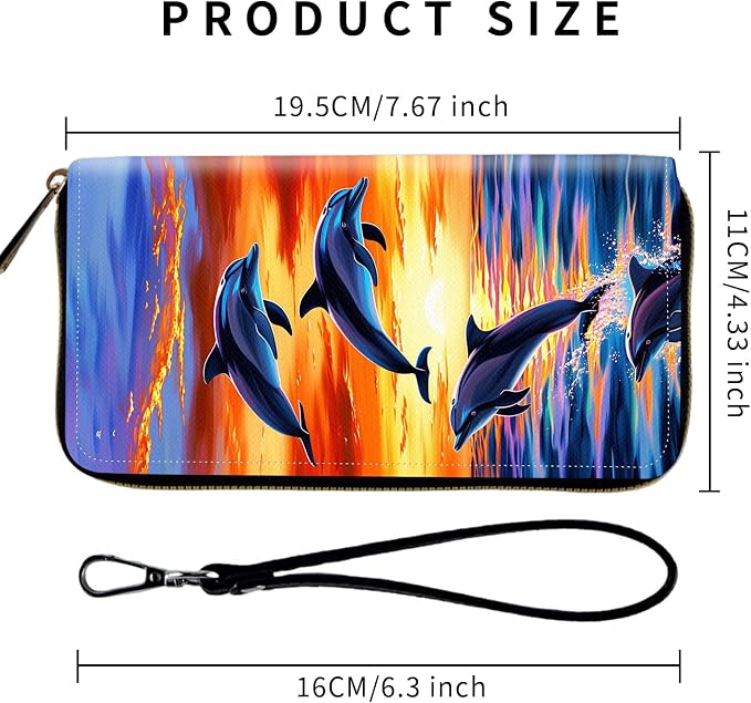 Wallet,Leather Long Wallet Suitable For Ladies And Teenagers - Detachable Wristband + RFID Travel Wallet With Card Slot - Dolphin Jumping Ocean Sunset Beach - Image 2