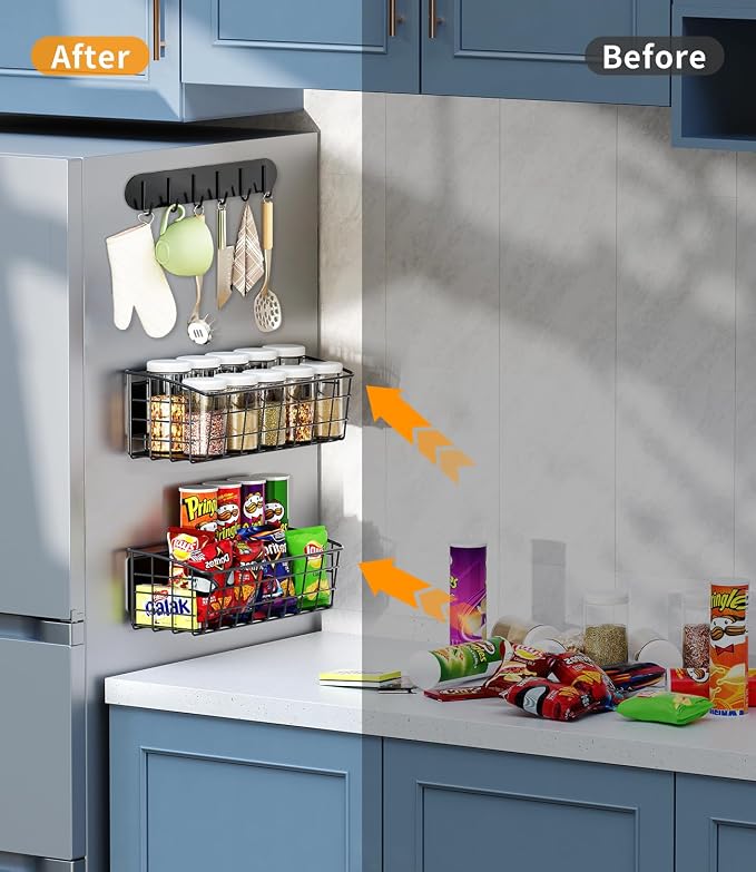 2Pack Magnetic Shelf for Refrigerator with 2 Moveable Hooks and 1 Hook Rack | Strong Magnetic Spice Rack for Kitchen Storage, Fruit Potato Onion Storage Shelves, Large Magnetic Basket Organizer - Image 2