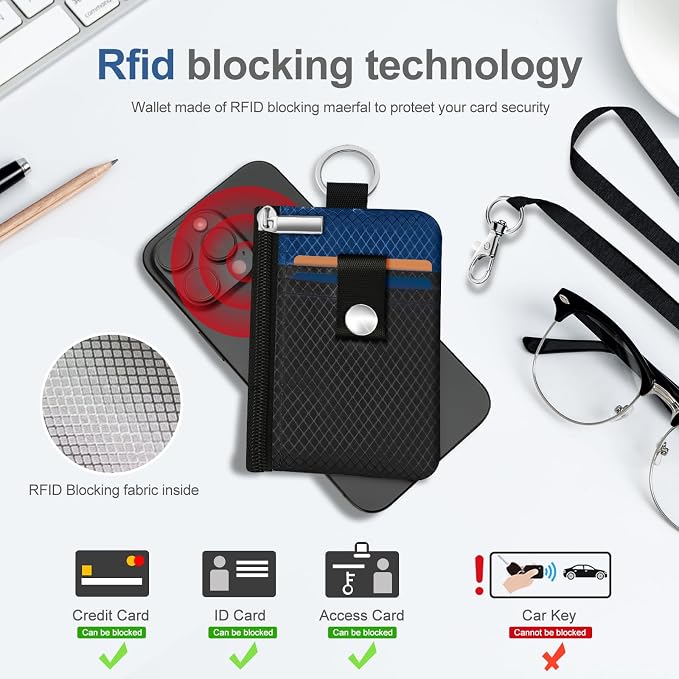 Minimalist RFID Blocking Small Wallet with ID Window,WaterResistant Zip Id Case Wallet with Lanyard Keychain for Cards,Cash,Travel,Women,Men (Black/Electric Blue) - Image 4