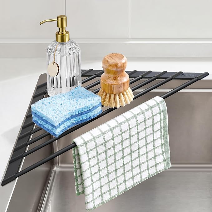 Ohuhu Corner Sink Caddy, Sponge Holder for Kitchen Sink Organizer - Silicone Wrapped Steel Anti Slip Rust Triangle Over the Sink Roll-UP Dish Drying Rack for Sink Corner Kitchen Sink Accessories by Ohuhu